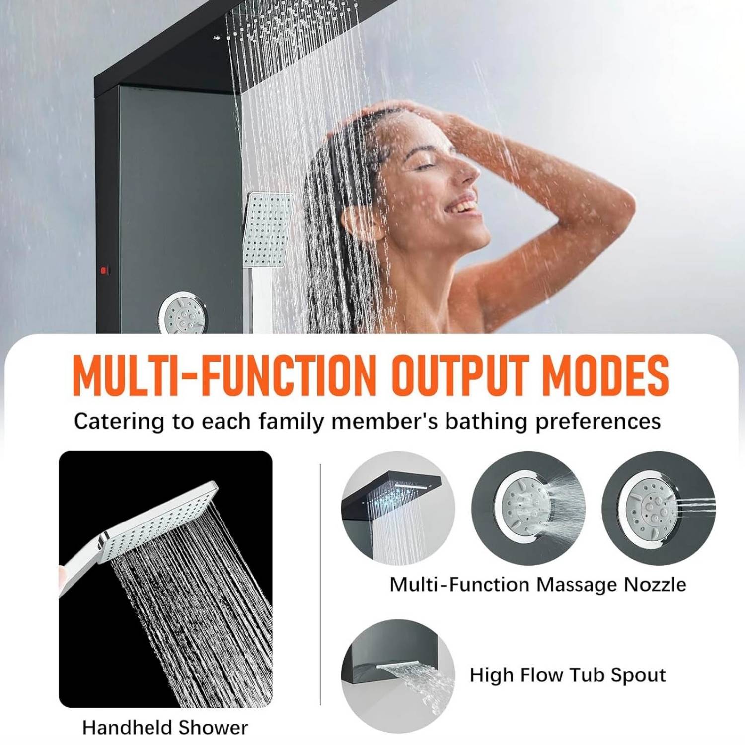 A brushed black shower tower panel with a rain head, body jets and a handheld